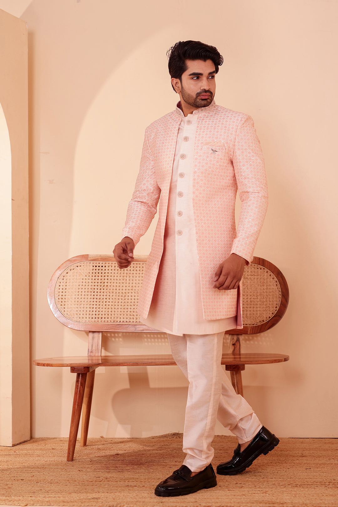 Light Peach Raw Silk Open Jacket Style Indo-western Suit.