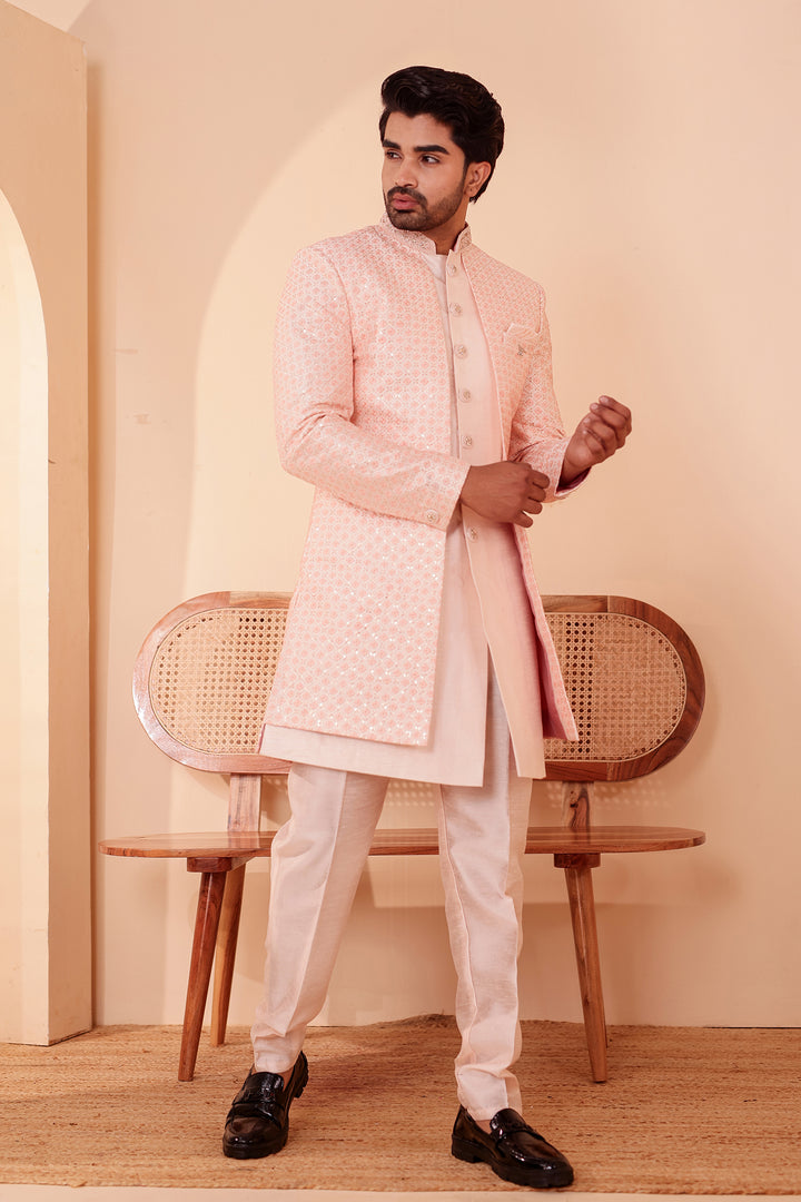 Light Peach Raw Silk Open Jacket Style Indo-western Suit.