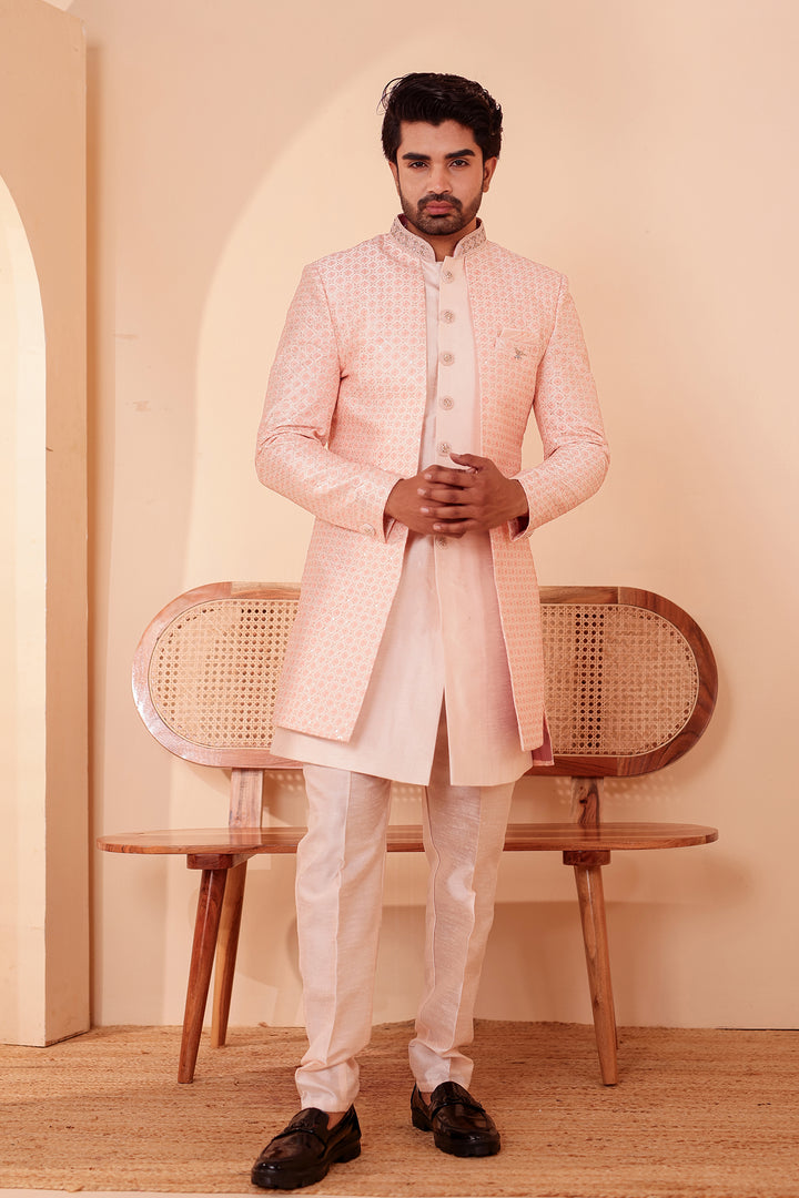 Light Peach Raw Silk Open Jacket Style Indo-western Suit.