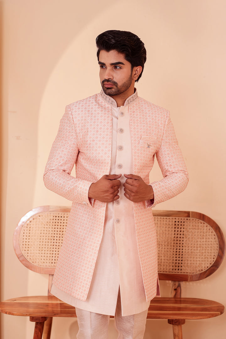 Light Peach Raw Silk Open Jacket Style Indo-western Suit.