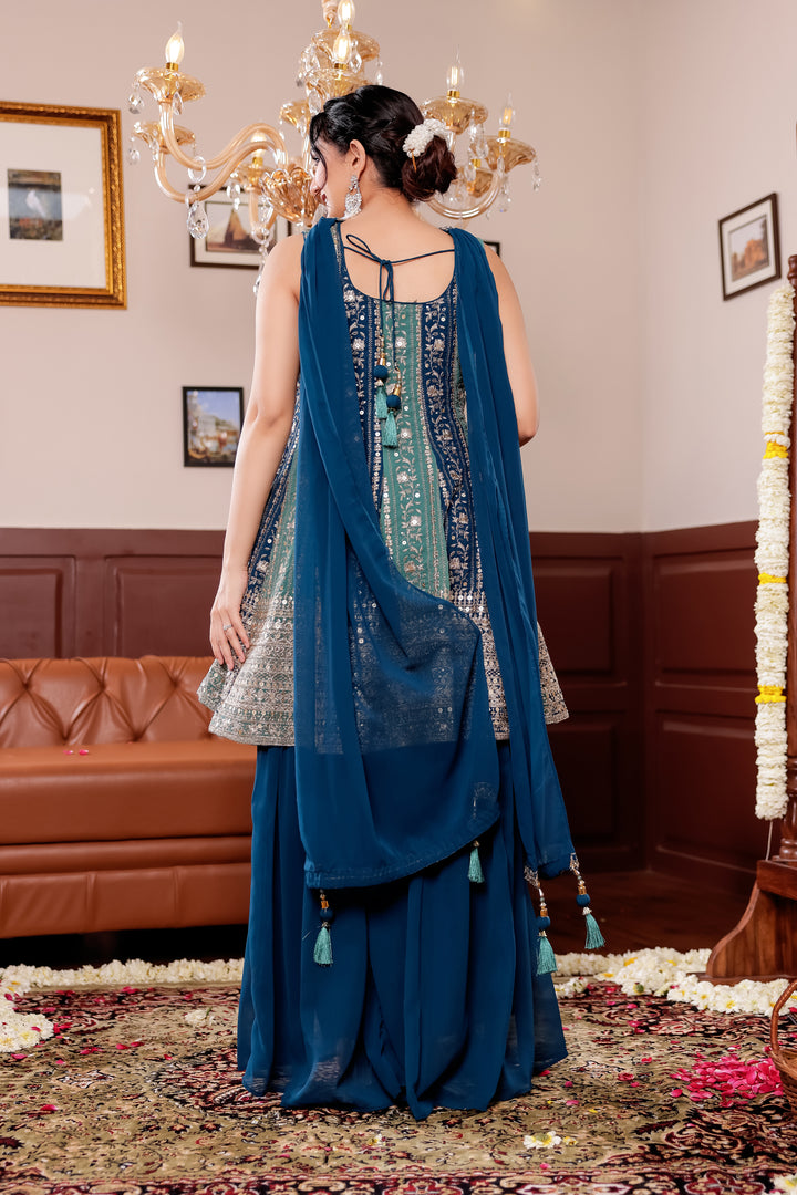 Light Blue/Navy Blue Georgette Sharara Suit