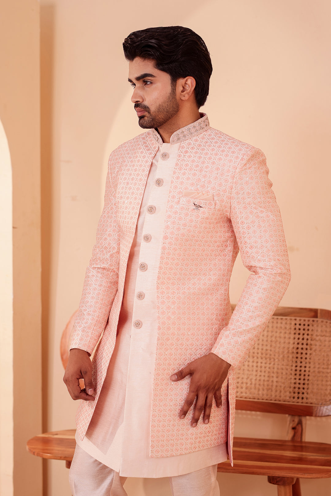 Light Peach Raw Silk Open Jacket Style Indo-western Suit.