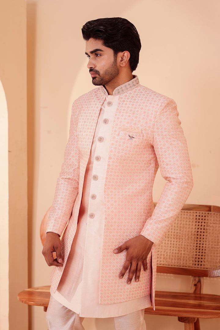 Light Peach Raw Silk Open Jacket Style Indo-western Suit.