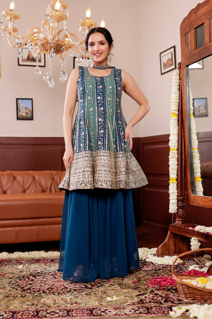 Light Blue/Navy Blue Georgette Sharara Suit