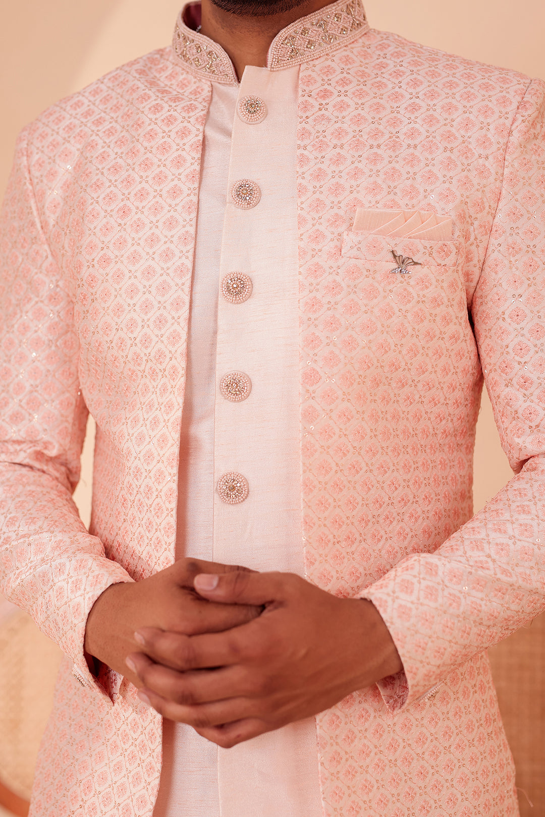 Light Peach Raw Silk Open Jacket Style Indo-western Suit.