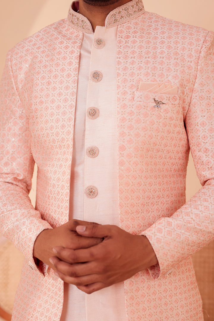 Light Peach Raw Silk Open Jacket Style Indo-western Suit.