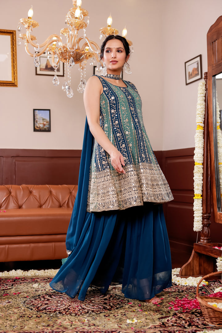 Light Blue/Navy Blue Georgette Sharara Suit