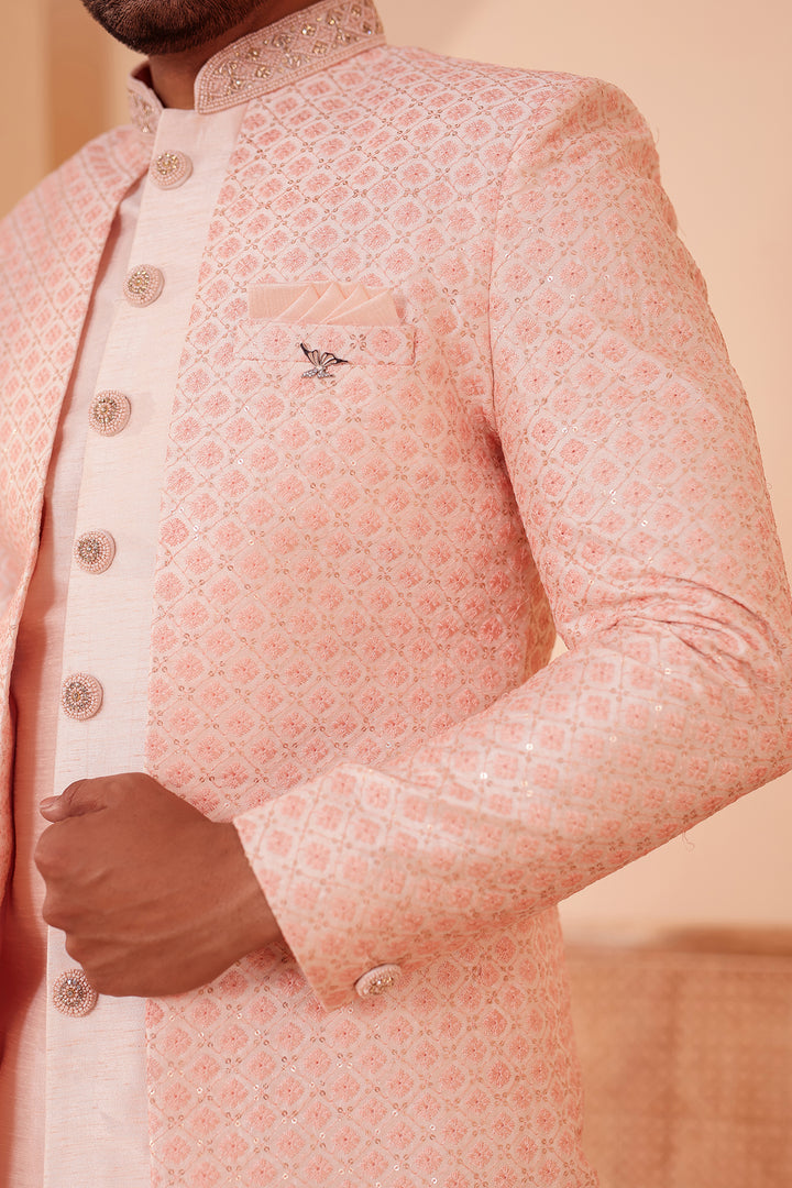 Light Peach Raw Silk Open Jacket Style Indo-western Suit.