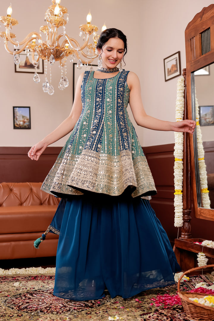 Light Blue/Navy Blue Georgette Sharara Suit