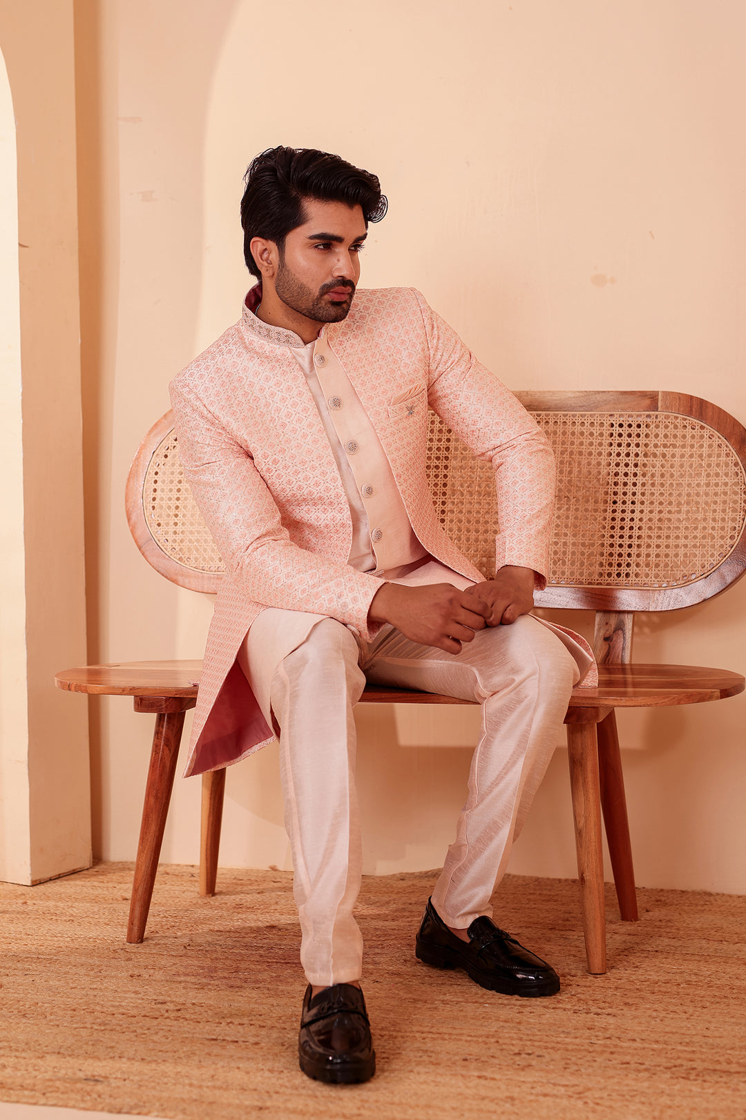 Light Peach Raw Silk Open Jacket Style Indo-western Suit.
