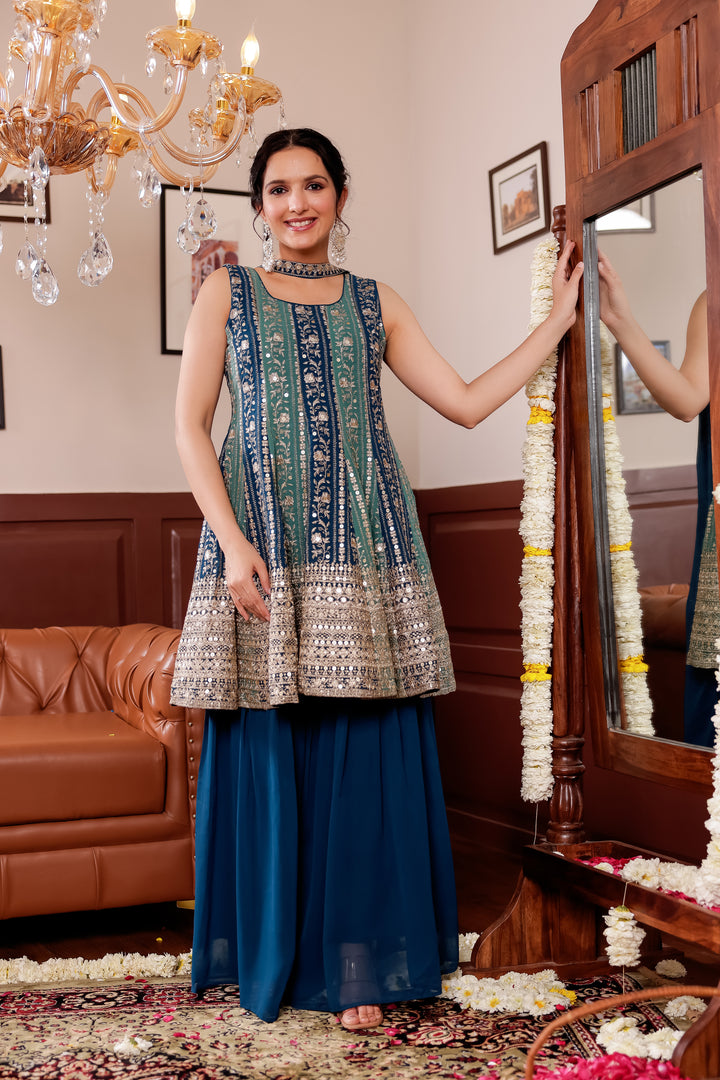 Light Blue/Navy Blue Georgette Sharara Suit