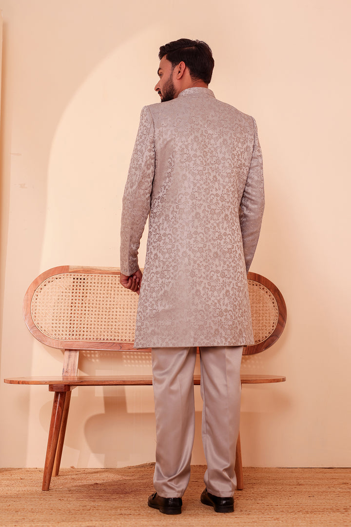 Tan Grey Brocade Silk Jacket Style Indo-western Suit.