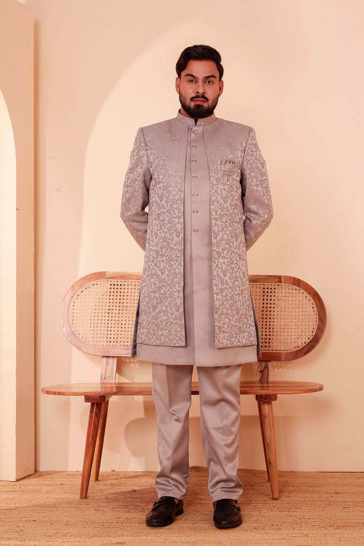 Tan Grey Brocade Silk Jacket Style Indo-western Suit.