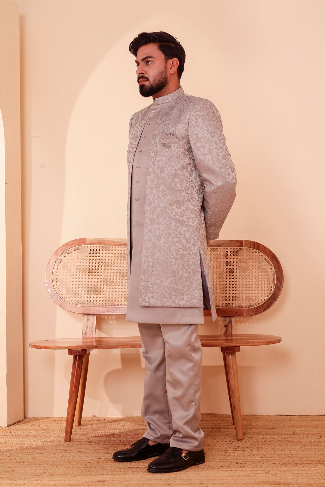 Tan Grey Brocade Silk Jacket Style Indo-western Suit.