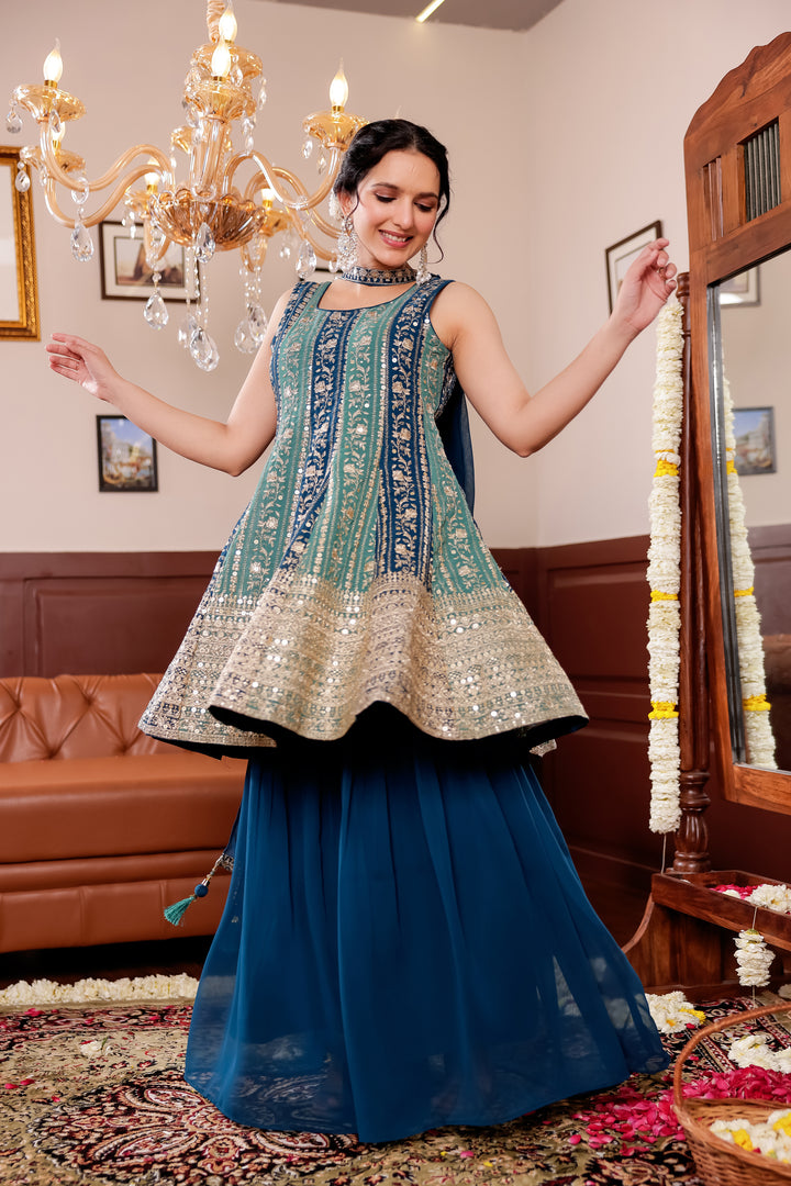 Light Blue/Navy Blue Georgette Sharara Suit