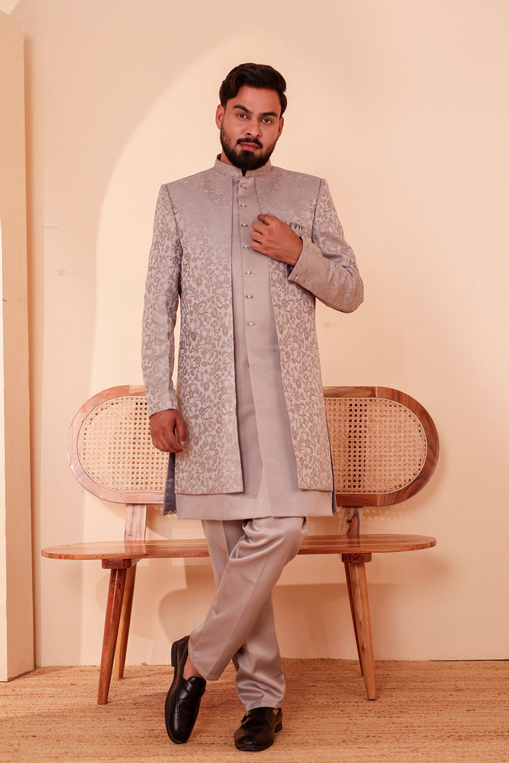 Tan Grey Brocade Silk Jacket Style Indo-western Suit.