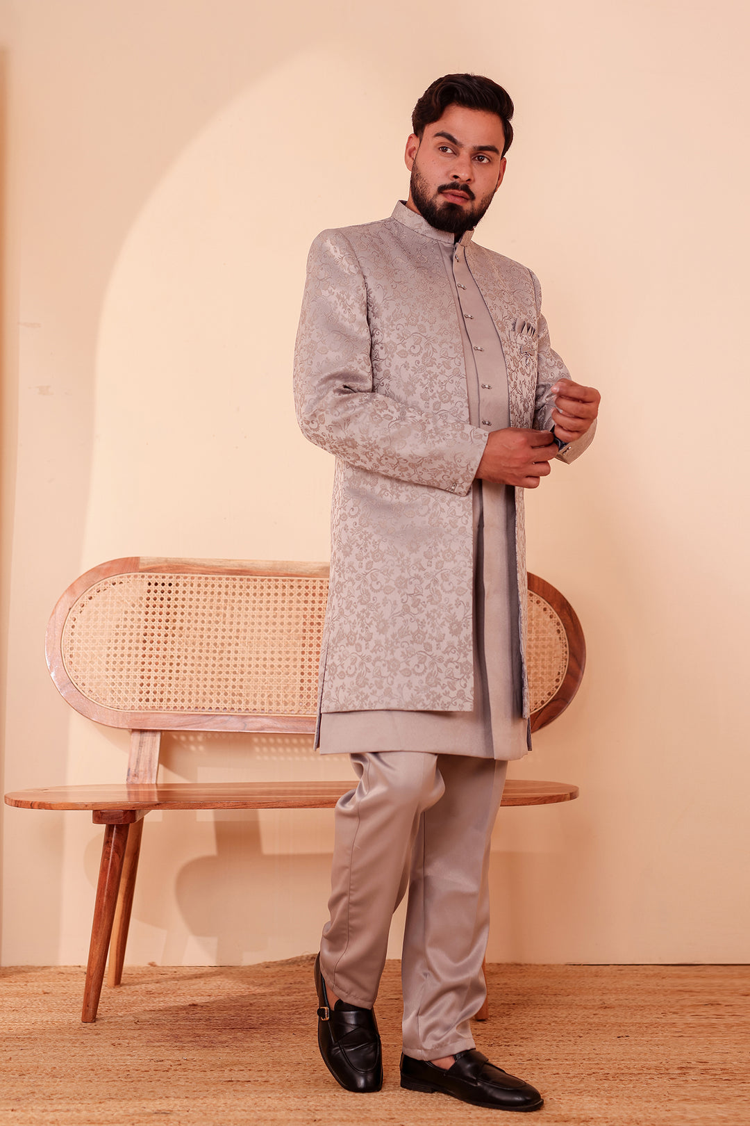 Tan Grey Brocade Silk Jacket Style Indo-western Suit.