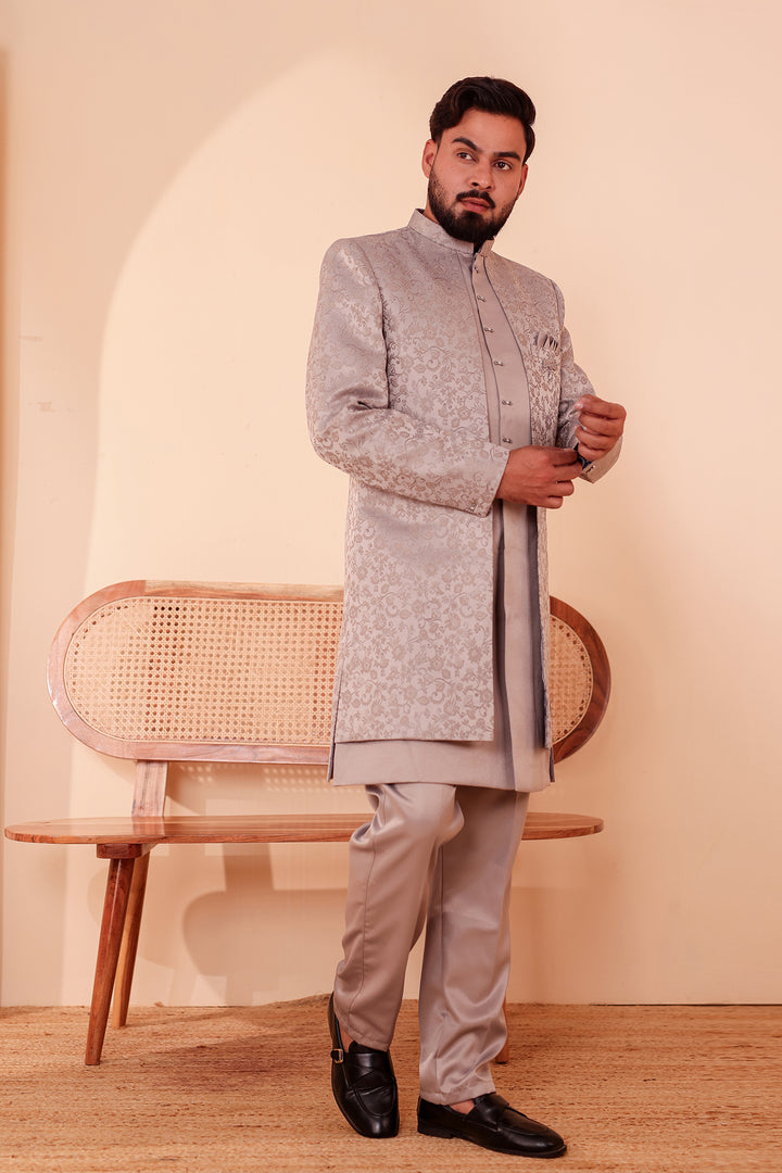Tan Grey Brocade Silk Jacket Style Indo-western Suit.