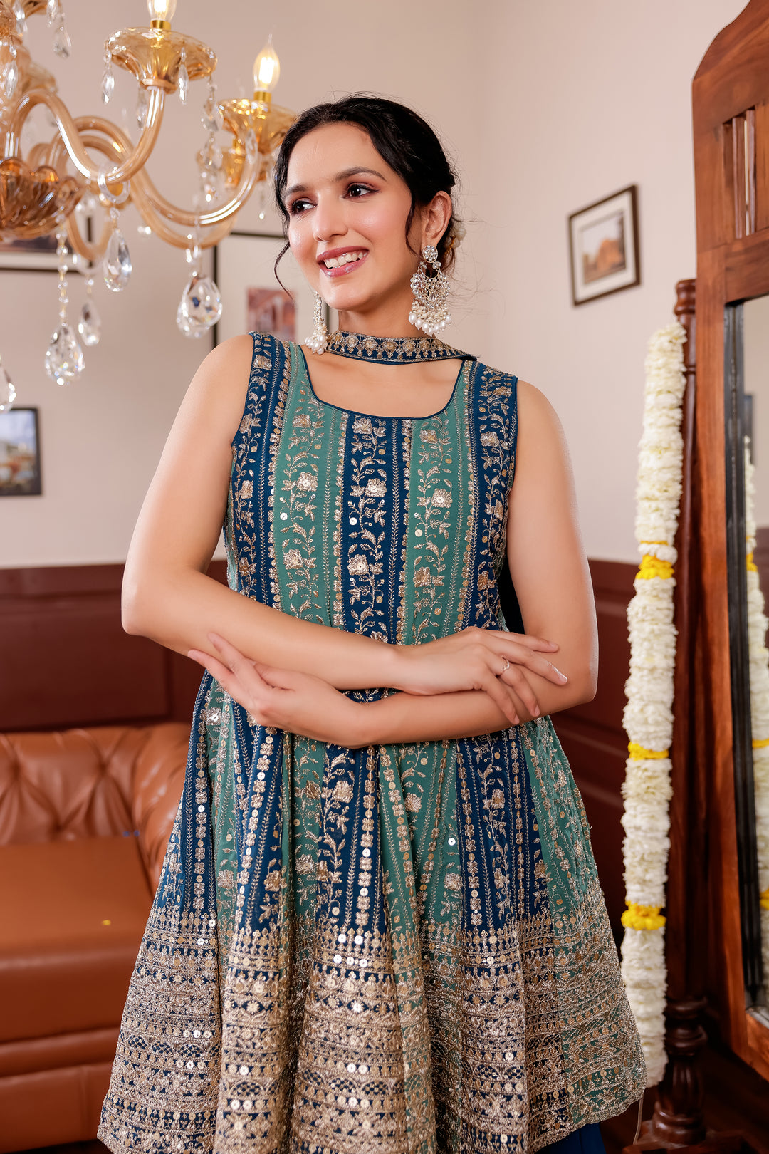 Light Blue/Navy Blue Georgette Sharara Suit