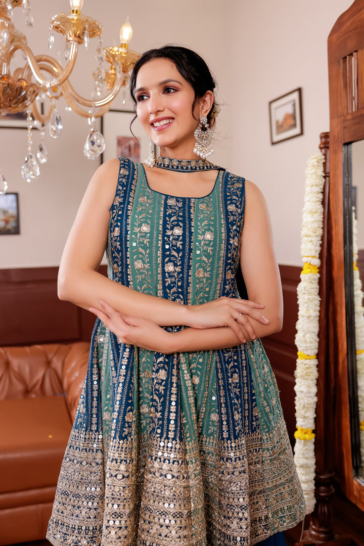 Light Blue/Navy Blue Georgette Sharara Suit