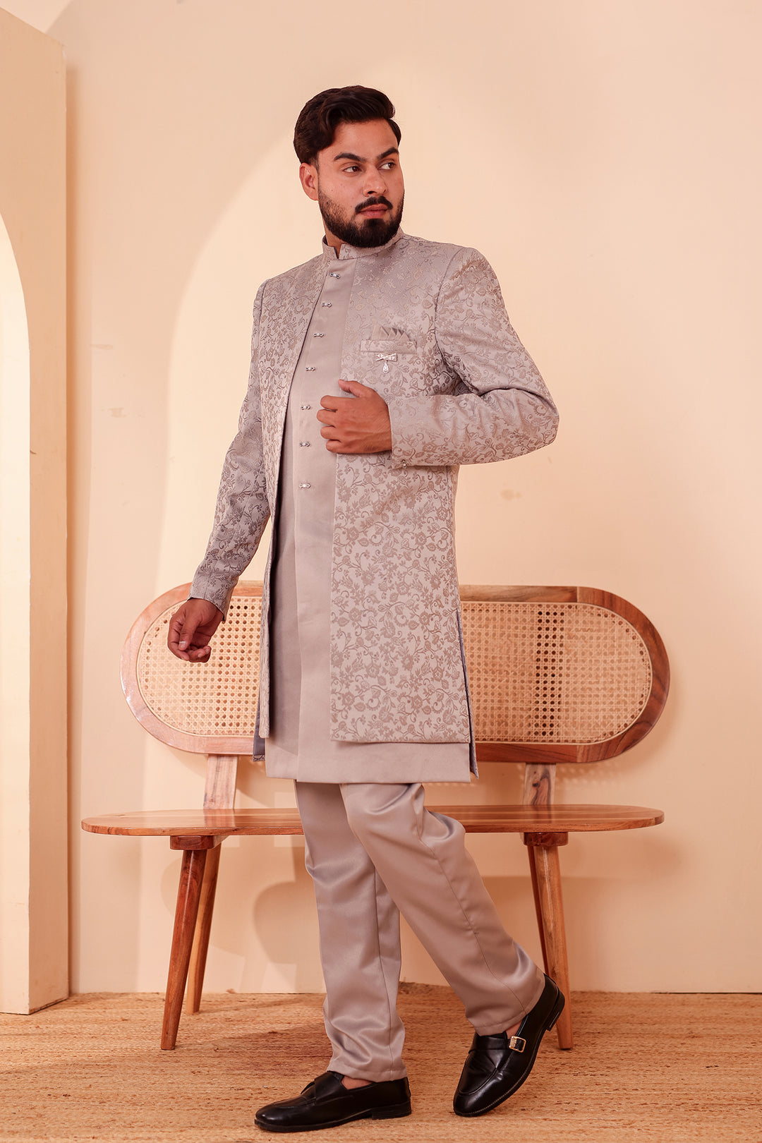 Tan Grey Brocade Silk Jacket Style Indo-western Suit.