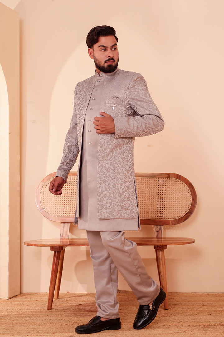 Tan Grey Brocade Silk Jacket Style Indo-western Suit.