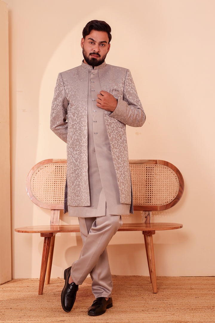 Tan Grey Brocade Silk Jacket Style Indo-western Suit.