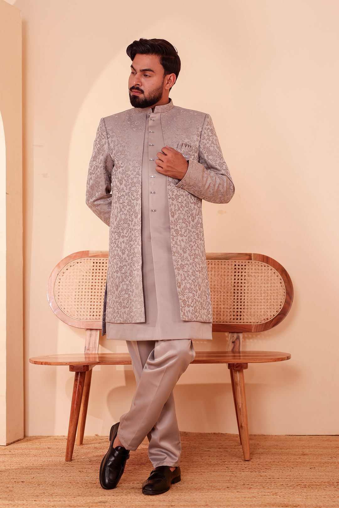 Tan Grey Brocade Silk Jacket Style Indo-western Suit.