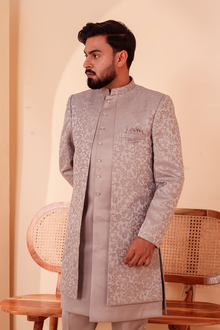 Tan Grey Brocade Silk Jacket Style Indo-western Suit.