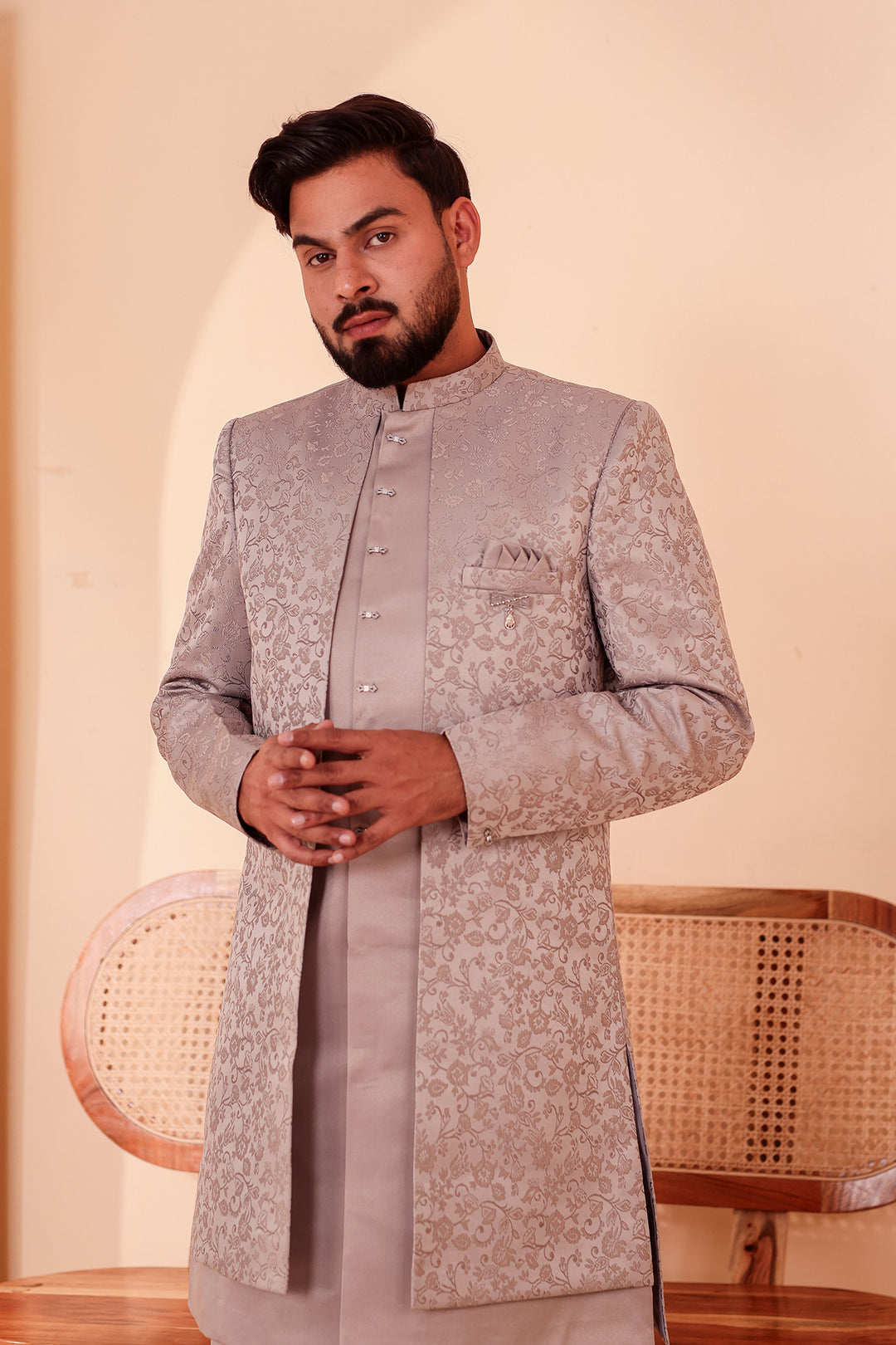 Tan Grey Brocade Silk Jacket Style Indo-western Suit.