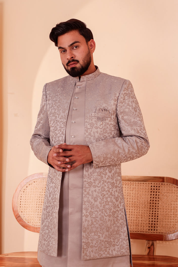 Tan Grey Brocade Silk Jacket Style Indo-western Suit.