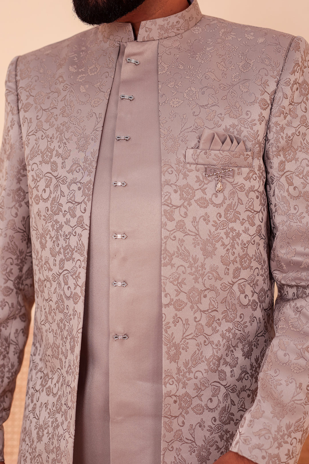 Tan Grey Brocade Silk Jacket Style Indo-western Suit.
