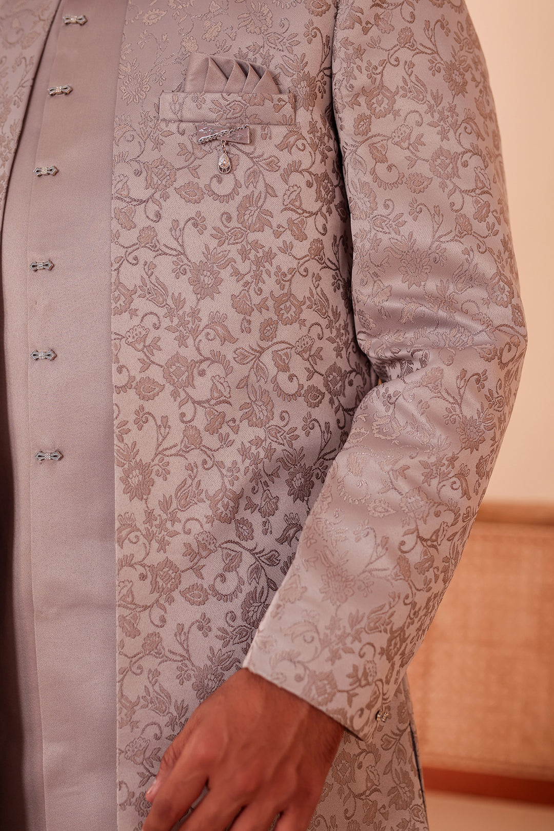 Tan Grey Brocade Silk Jacket Style Indo-western Suit.