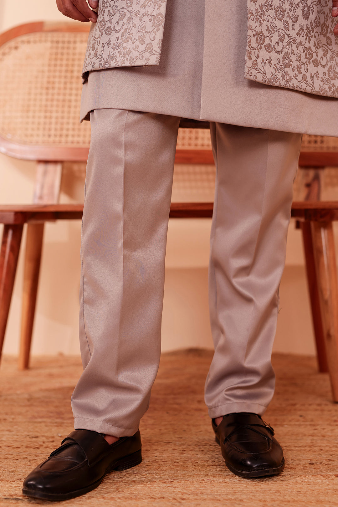 Tan Grey Brocade Silk Jacket Style Indo-western Suit.