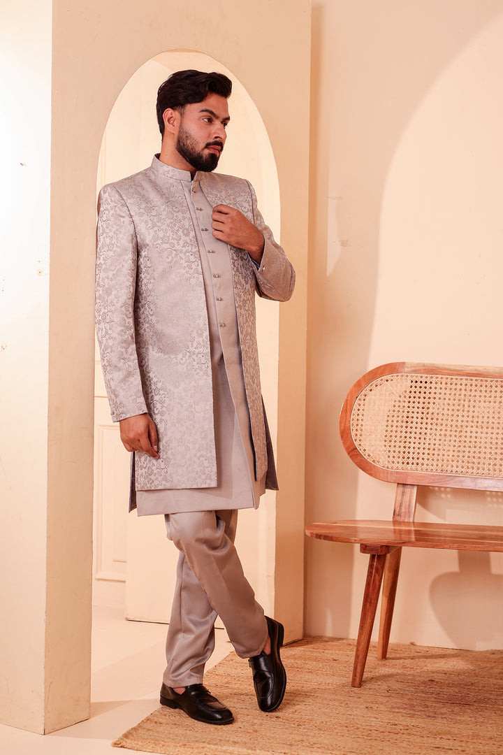 Tan Grey Brocade Silk Jacket Style Indo-western Suit.