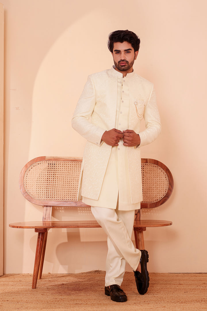 Cream Brocade Silk Jacket Style Indo-western Suit.