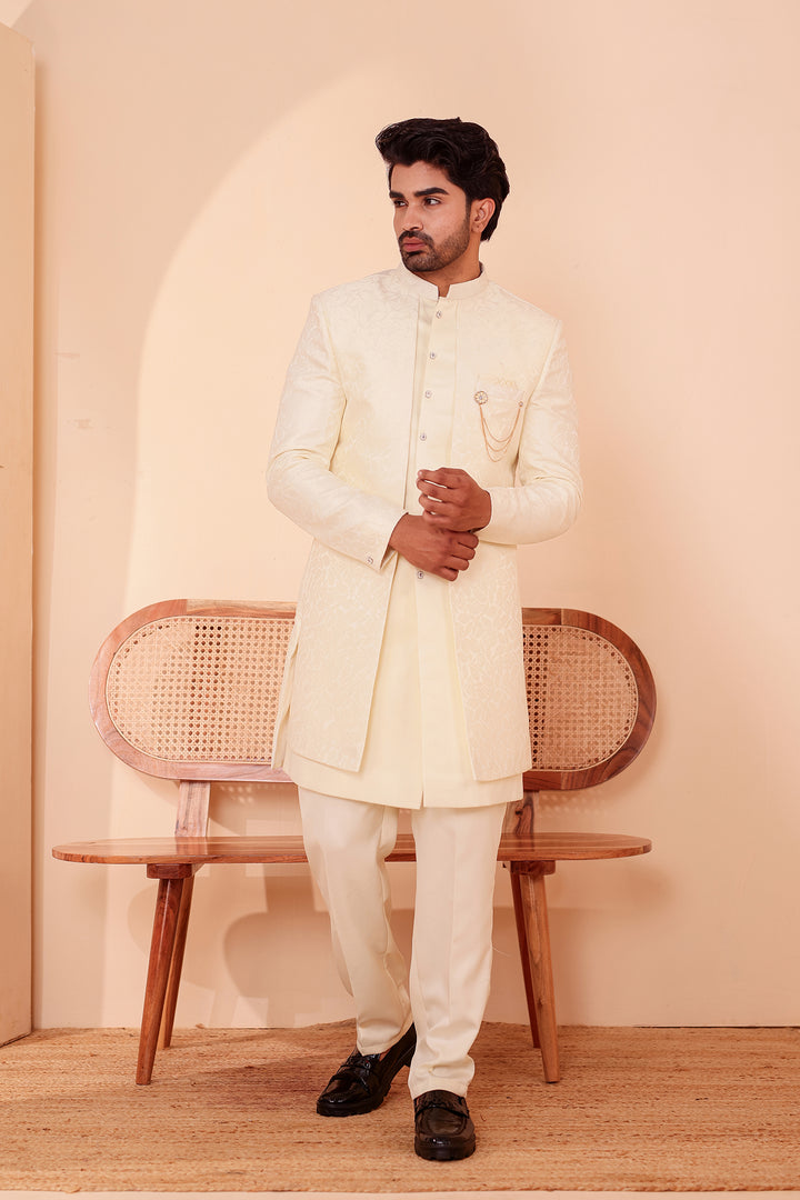Cream Brocade Silk Jacket Style Indo-western Suit.