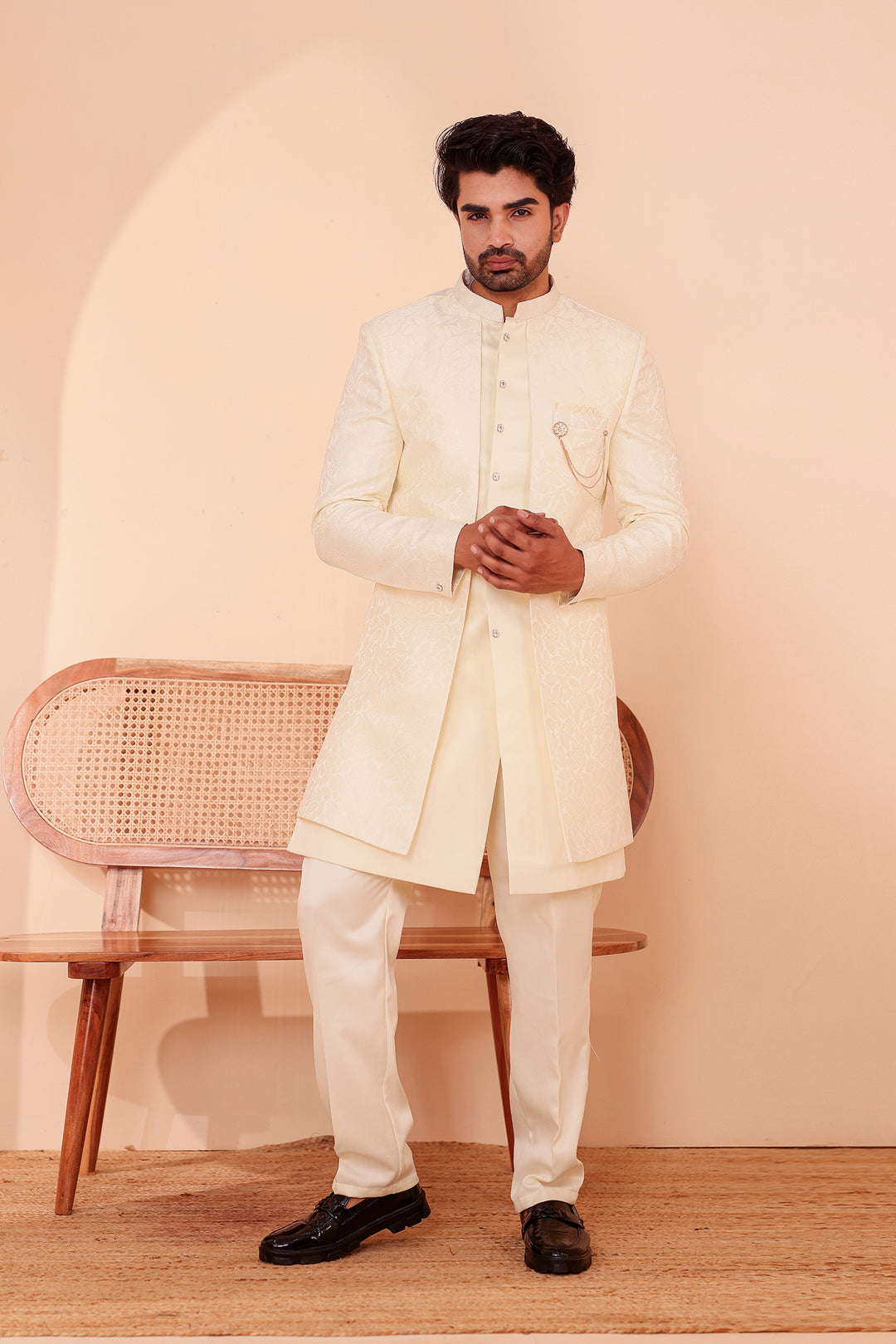 Cream Brocade Silk Jacket Style Indo-western Suit.