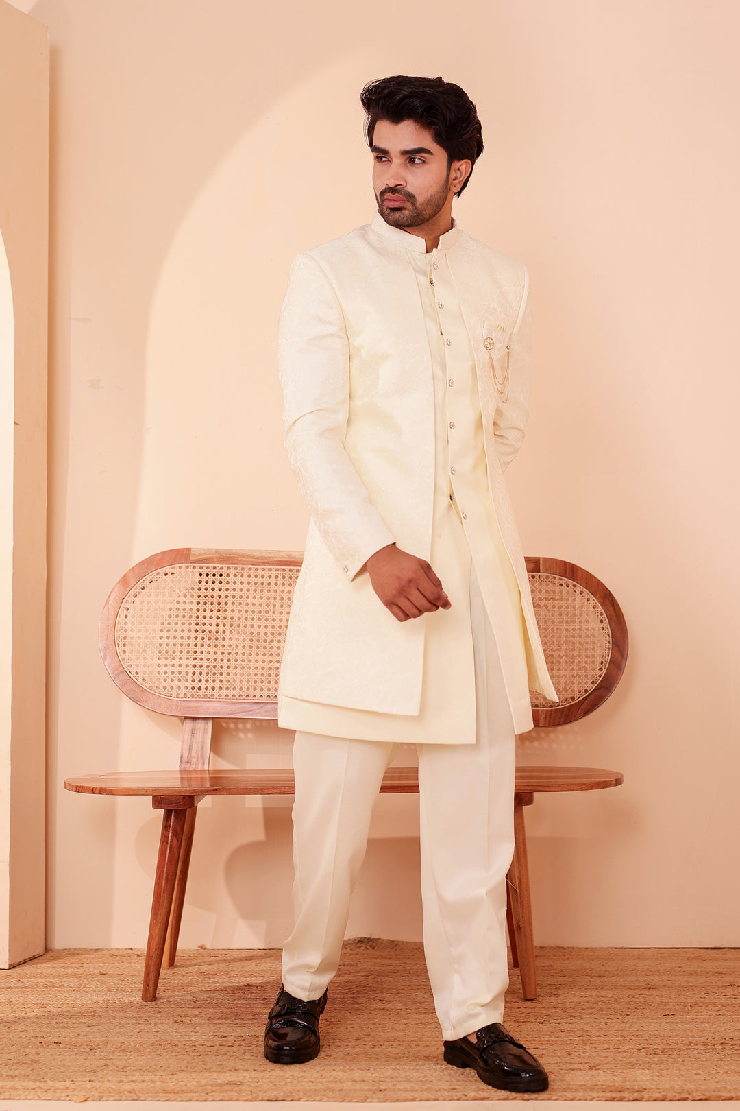 Cream Brocade Silk Jacket Style Indo-western Suit.