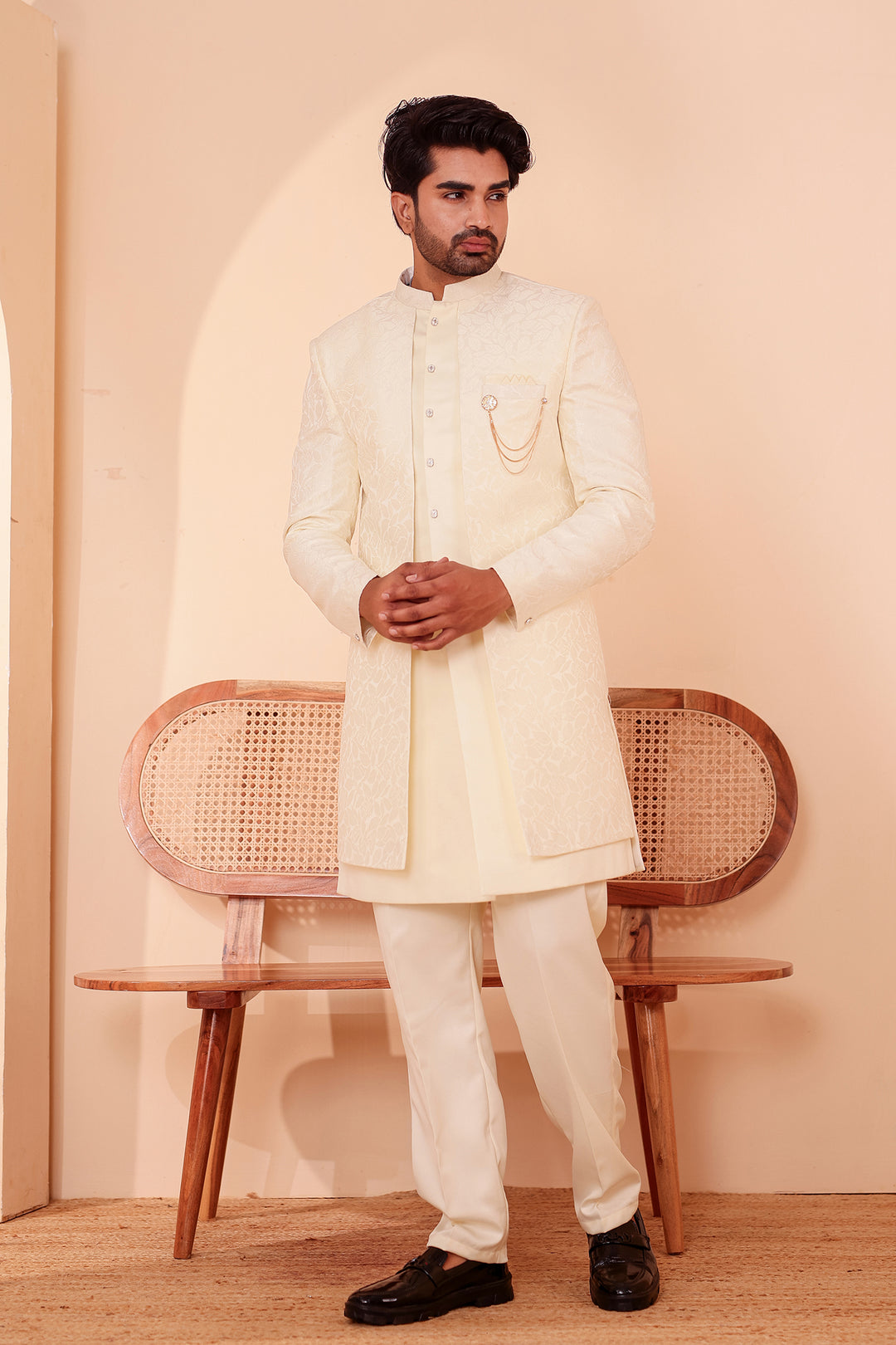 Cream Brocade Silk Jacket Style Indo-western Suit.