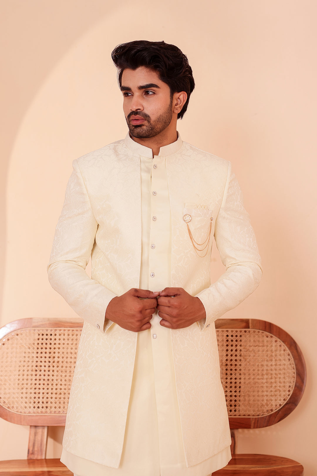 Cream Brocade Silk Jacket Style Indo-western Suit.