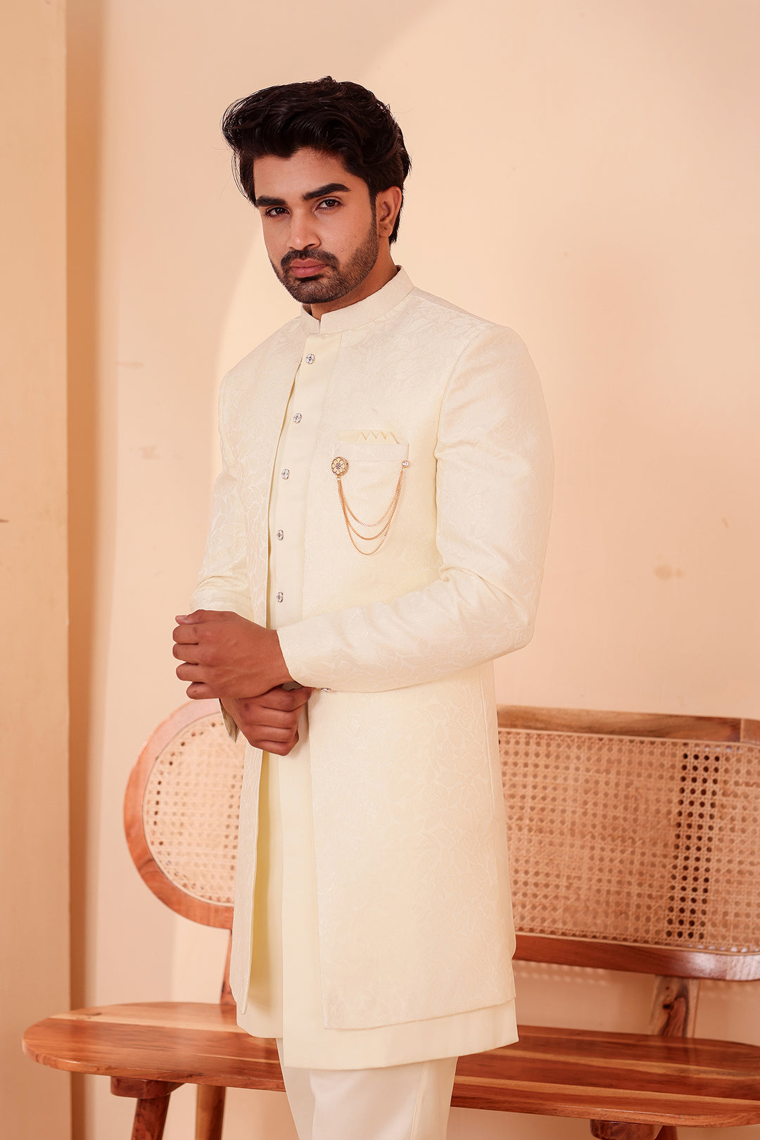 Cream Brocade Silk Jacket Style Indo-western Suit.