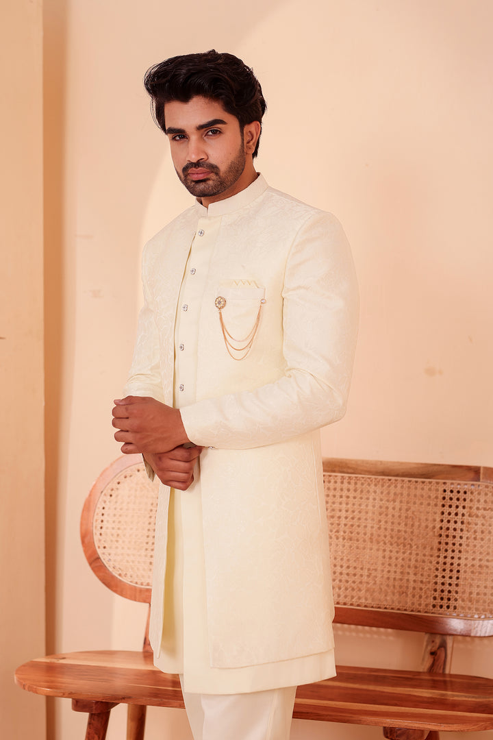 Cream Brocade Silk Jacket Style Indo-western Suit.