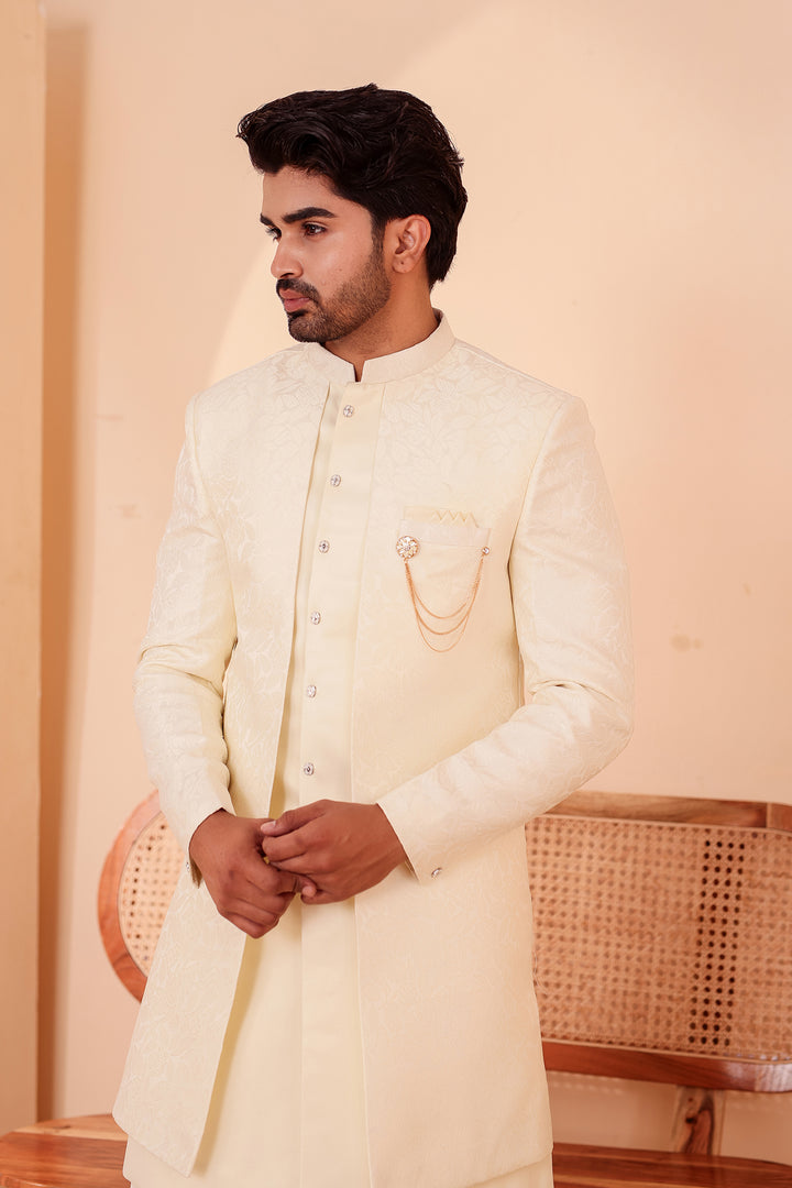 Cream Brocade Silk Jacket Style Indo-western Suit.