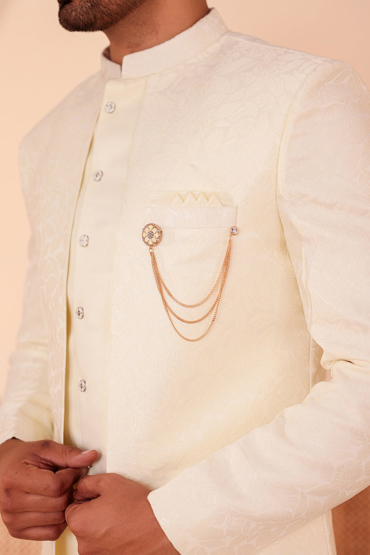Cream Brocade Silk Jacket Style Indo-western Suit.