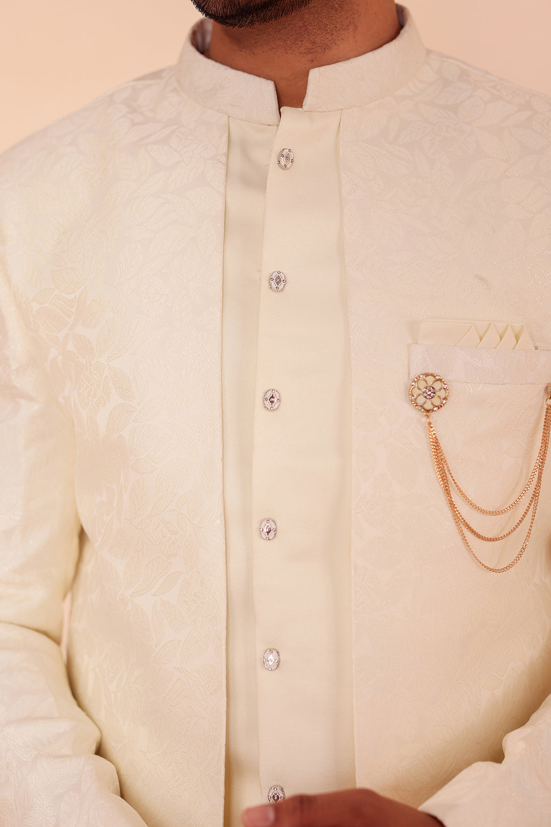 Cream Brocade Silk Jacket Style Indo-western Suit.