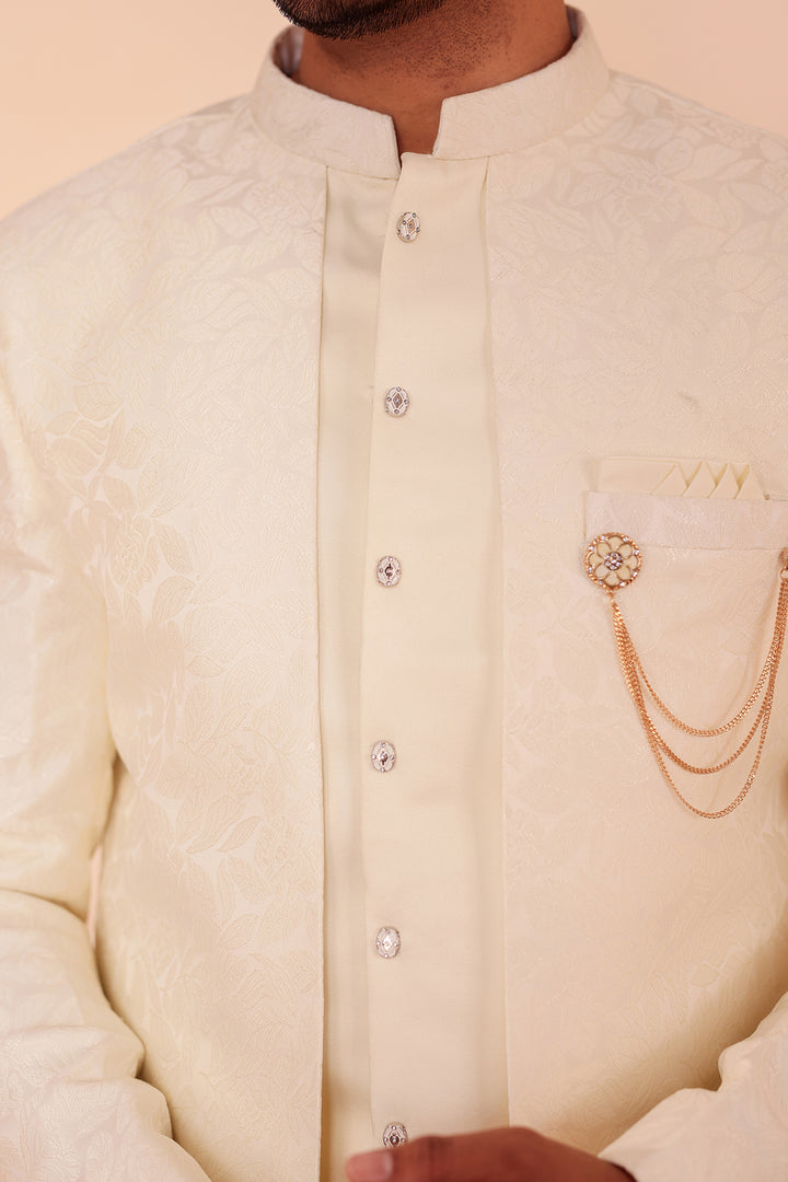 Cream Brocade Silk Jacket Style Indo-western Suit.