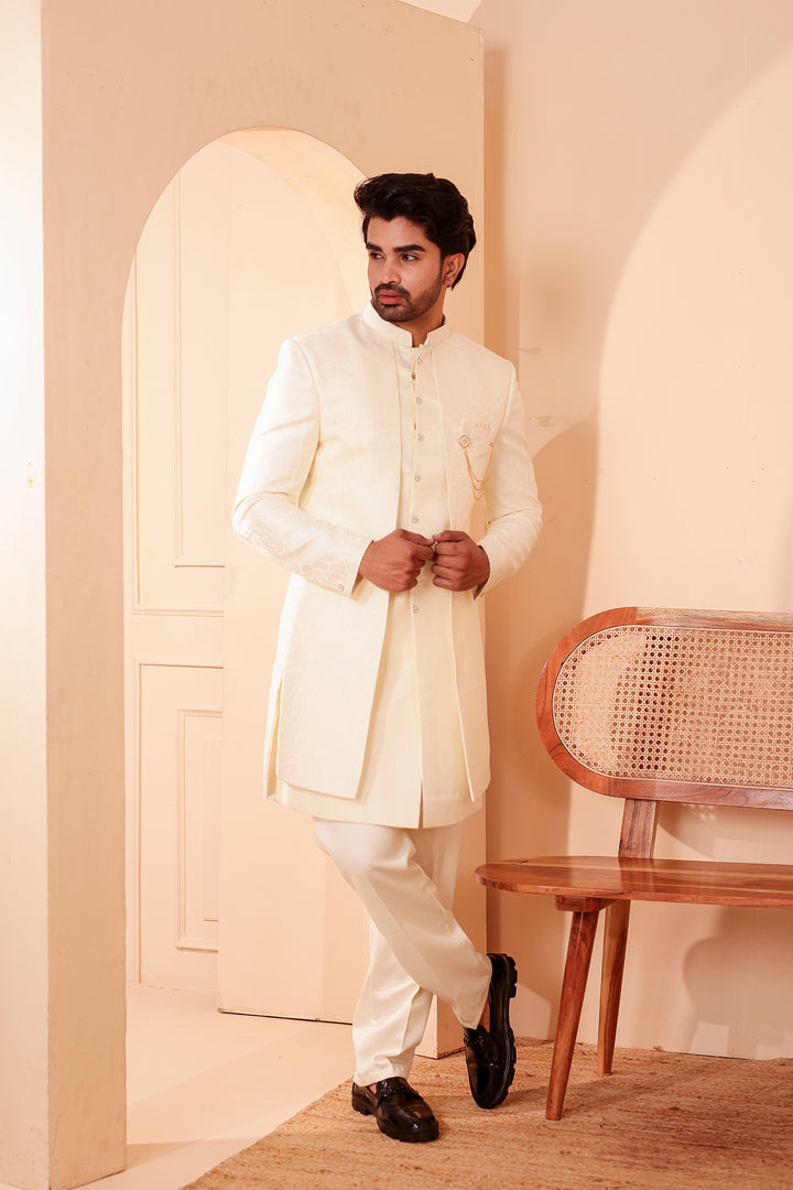 Cream Brocade Silk Jacket Style Indo-western Suit.