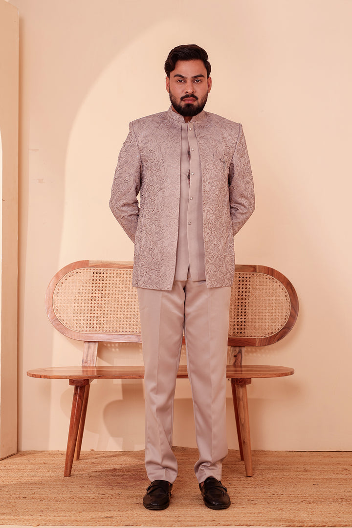 Salmon Heavy Embroidered 3pcs Jacket Style Jodhpuri Suit.