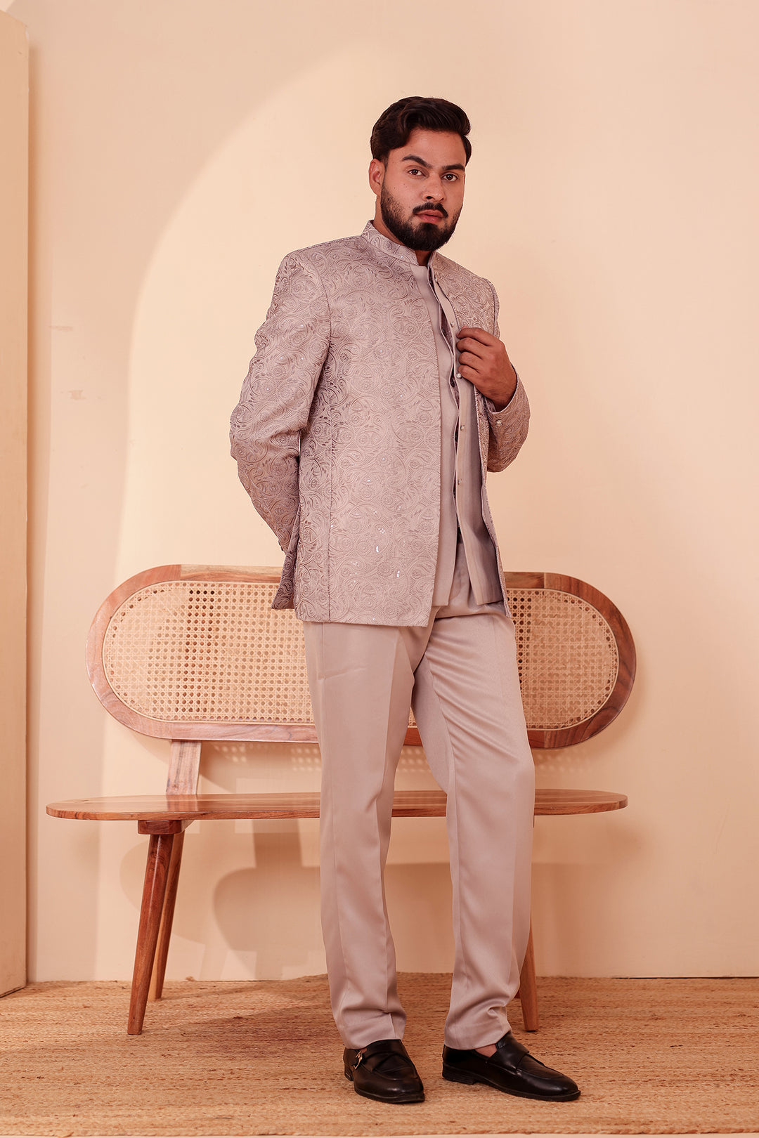 Salmon Heavy Embroidered 3pcs Jacket Style Jodhpuri Suit.